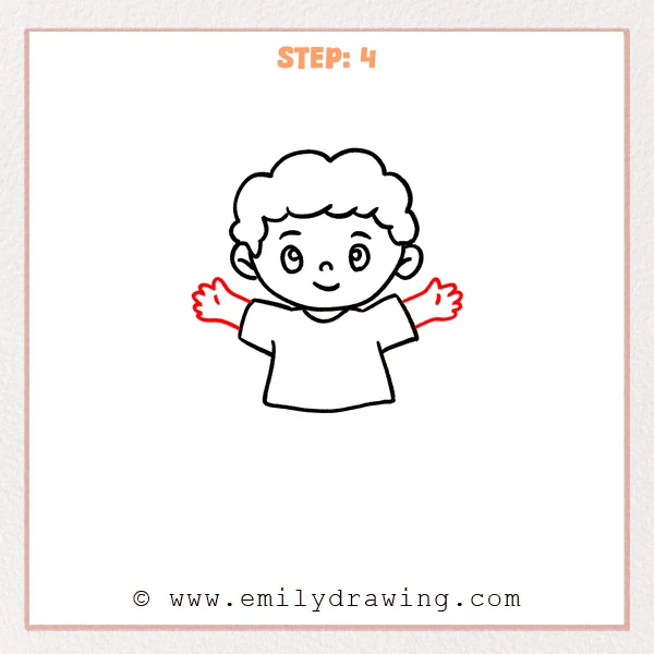 how to draw a cartoon man - Cartoon man with a simple T-shirt, now with both arms stretched outward and rounded hands with small finger bumps.